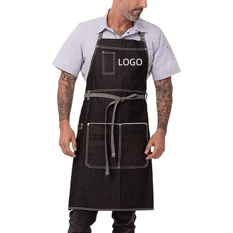 Denim Apron Manufacturer - Adjustable Neck Tool Pockets Tattoo Artist Cafe
