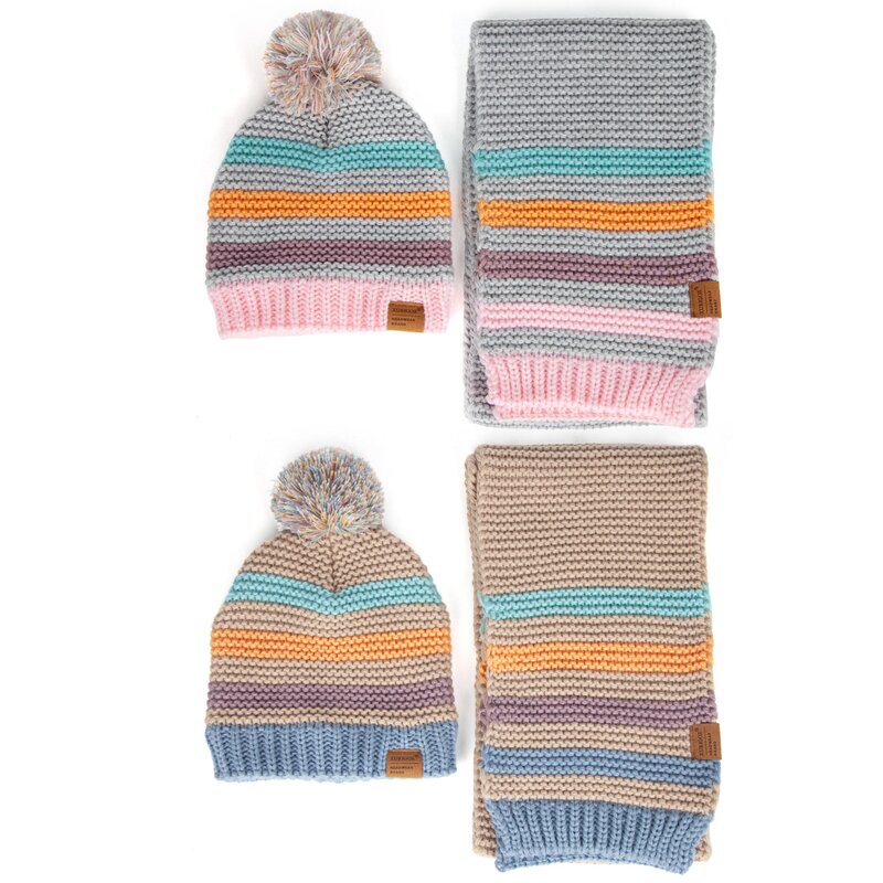 Toddler Beanie Set Factory - Winter Fleece Lined Acrylic Striped Knit With Custom