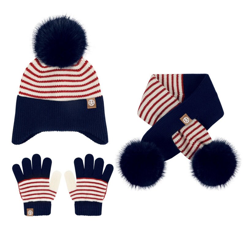 Earflap Beanie Set Factory - Lovely Stripes Knitted Pompom and Scarf Gloves 3Pieces