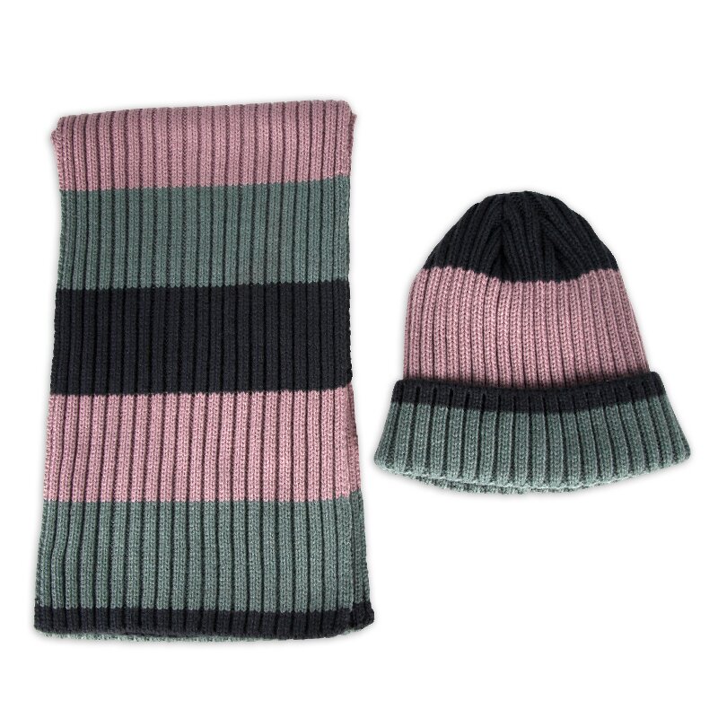 Kids Beanie Scarf Set Factory - Winter Rib Knitted Striped With Fleece Lining