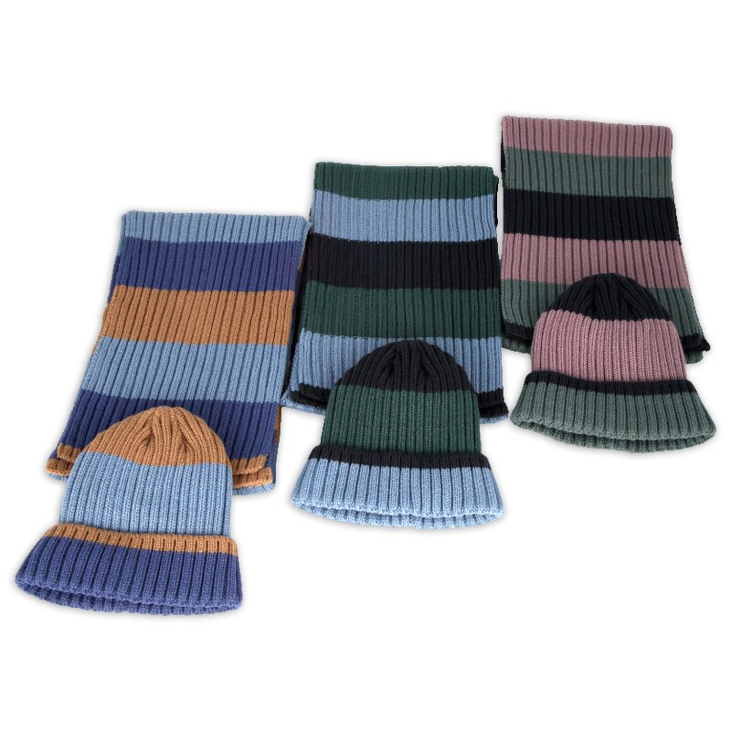 Kids Beanie Scarf Set Factory - Winter Rib Knitted Striped With Fleece Lining