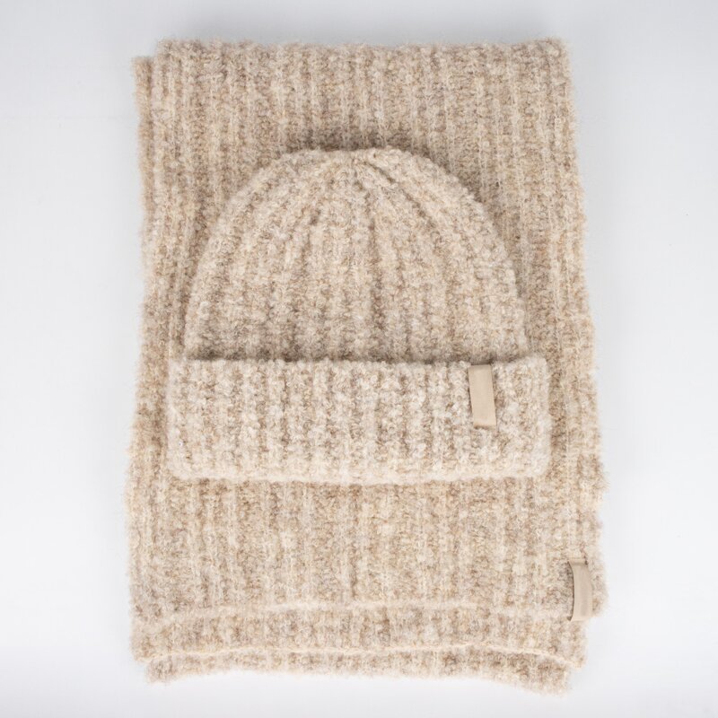 Thermal Beanie Set Supplier - High Quality Boucle Yarn Skull Cap and Soft Scarf