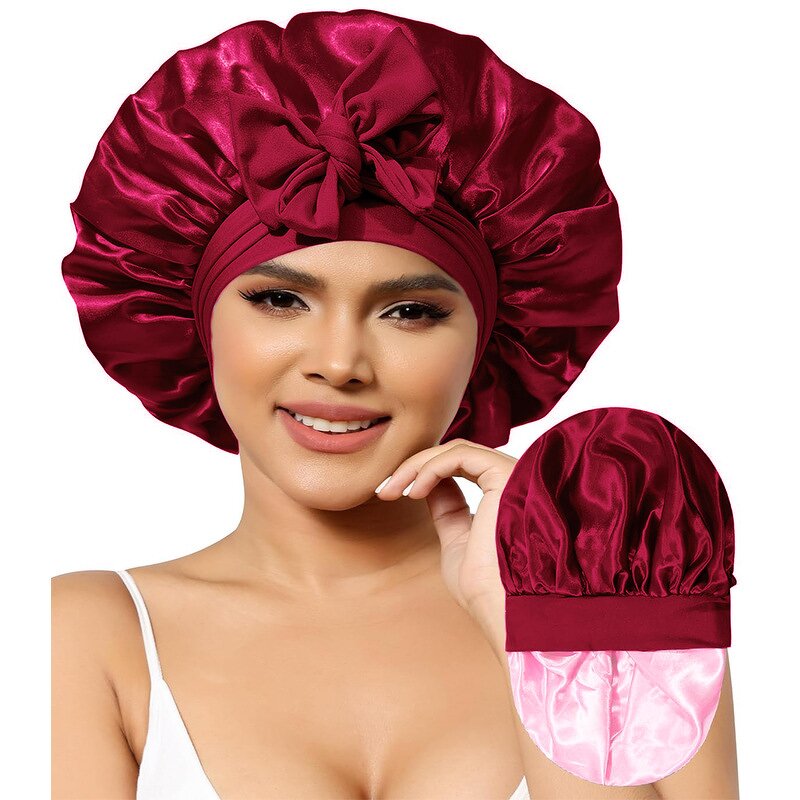 Double Layer Hair Bonnet Supplier - Women Jumbo Silky Satin with Elastic Tie Band