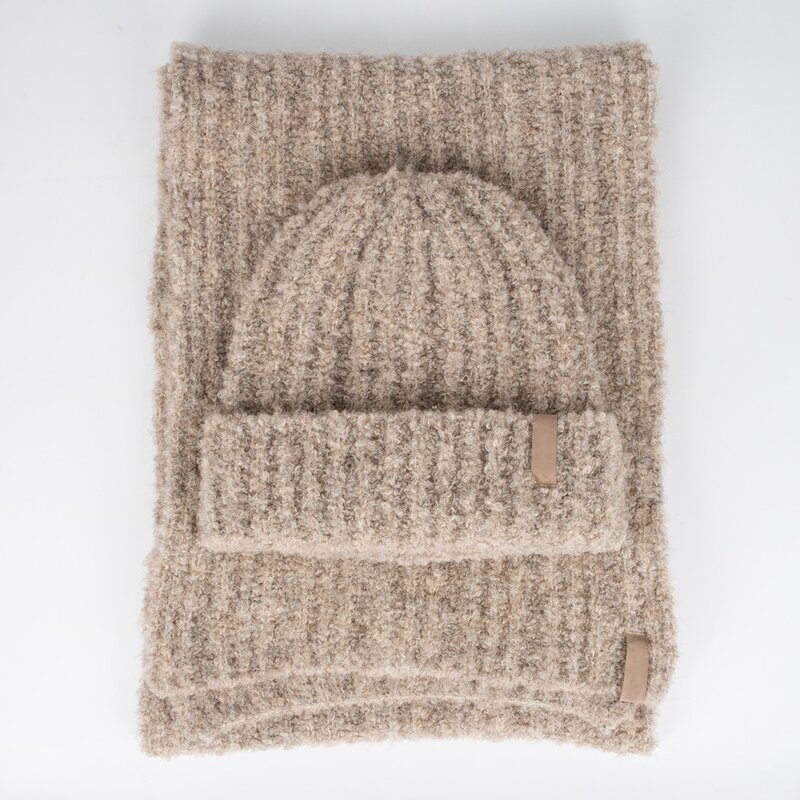 Thermal Beanie Set Supplier - High Quality Boucle Yarn Skull Cap and Soft Scarf