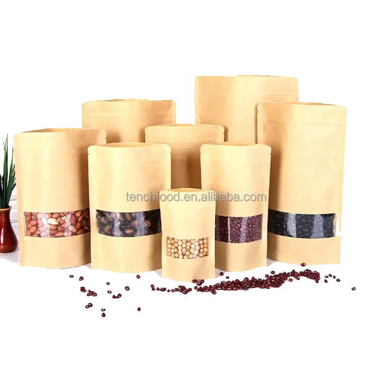 Brown Kraft Resealable Bag Flat Bottom Customized Pouch Packing Cheap Coffee Food Bag with Window