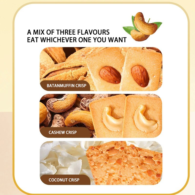 Coconut Almond Cashew Nut Puff Biscuits Crispy Dry Baked Cake Exotic Cookies in Small Packages Box Packaging 3 Mixed Flavors