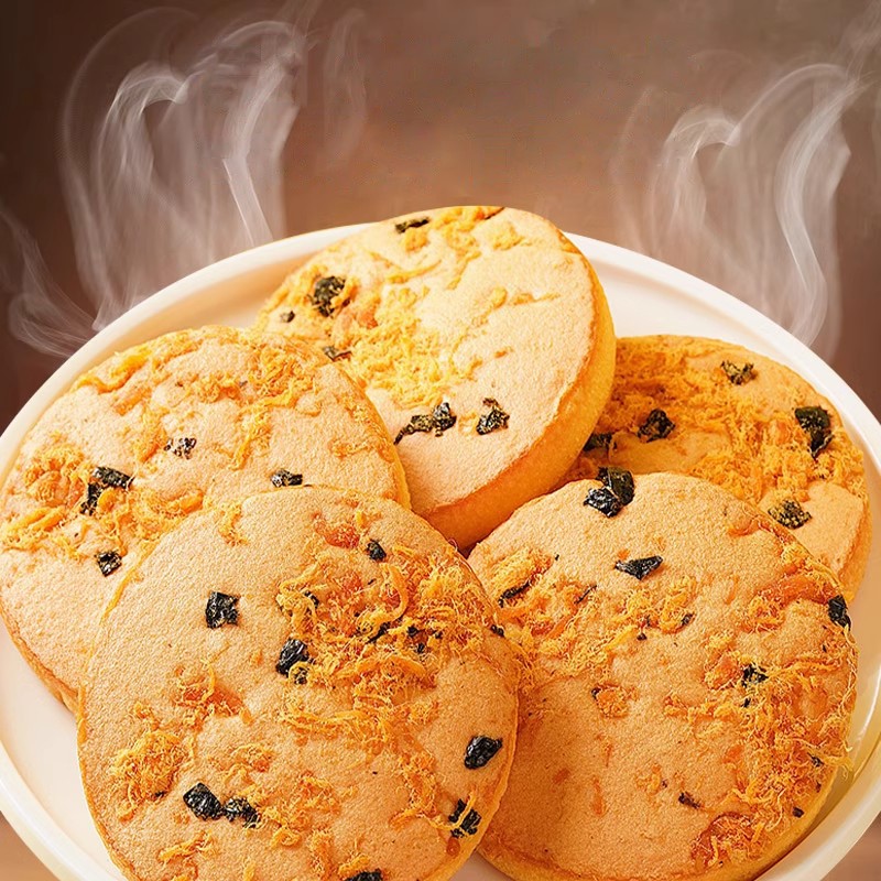 Wholesale Sweet Seaweed and Meat Floss Pancake Breakfast Snacks Tea Cakes Japanese Round Cake