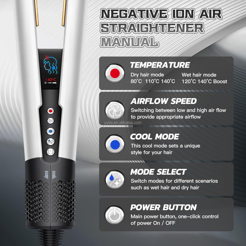 Uyisi Electric 2-in-1 High-Speed Hair Straightener and Dryer Ceramic Plate Temperature Display Works for Dry or Wet Hair