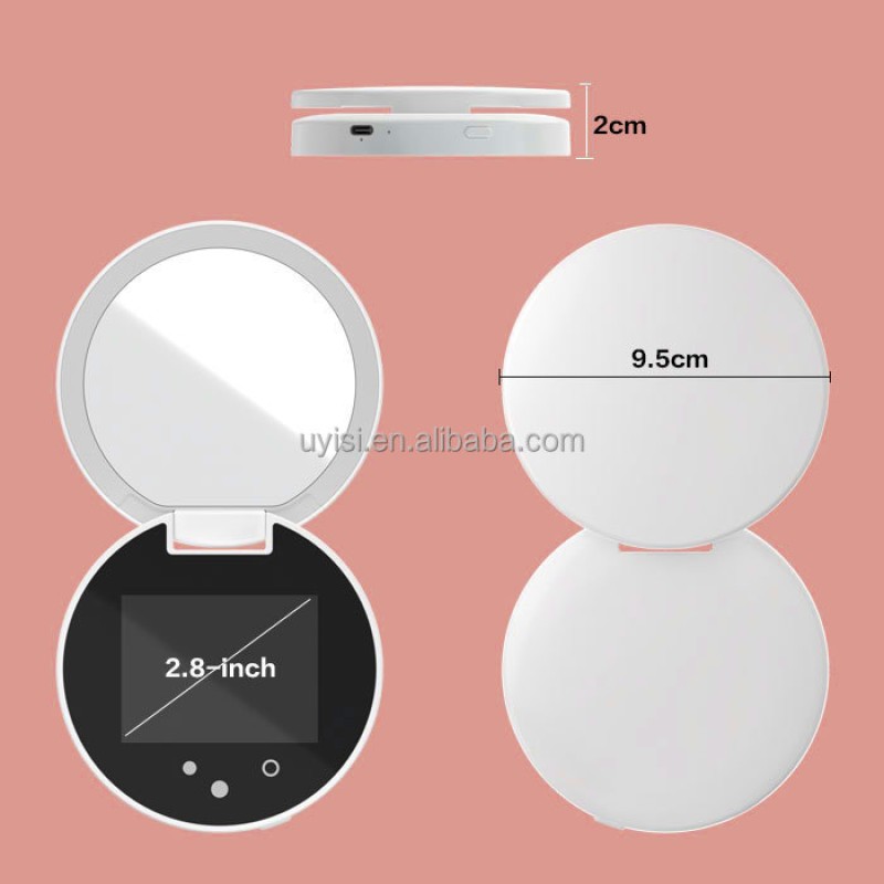 Uyisi New Arrival 2-in-1 Smart Portable Lighted UV Compact Mirror Handheld ABS Makeup Mirror for Face Body Eyes for Outdoor Use