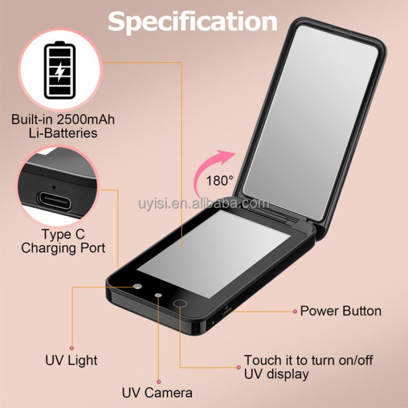 2025 New Mini UV Test Vanity Sunscreen Mirror LED Touch Pocket Makeup Mirror for Girls Handheld for Face and Hand Care