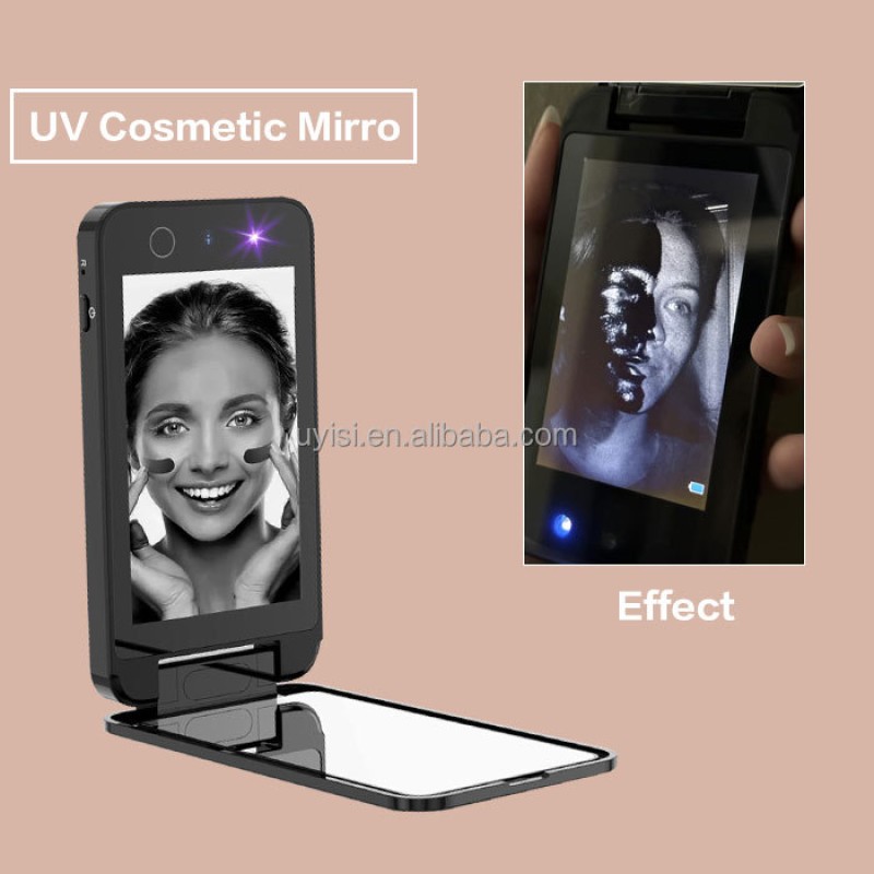 Portable LED Vanity Makeup Mirror with UV Camera Travel-friendly Magnification Vanity Mirror for Face and Hand Sunscreen Test