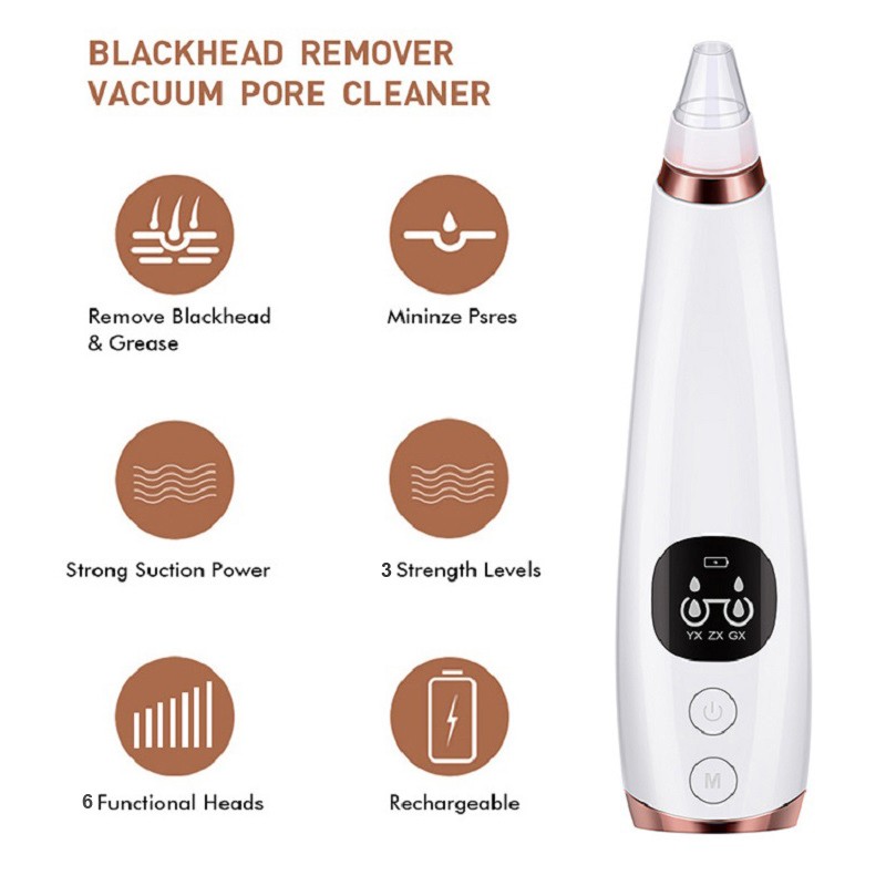 6-in-1 Rechargeable USB Facial Nose Deep Cleansing Tool ABS Plastic Handheld Vacuum Pore Cleaner for Blackhead Remover Face Head
