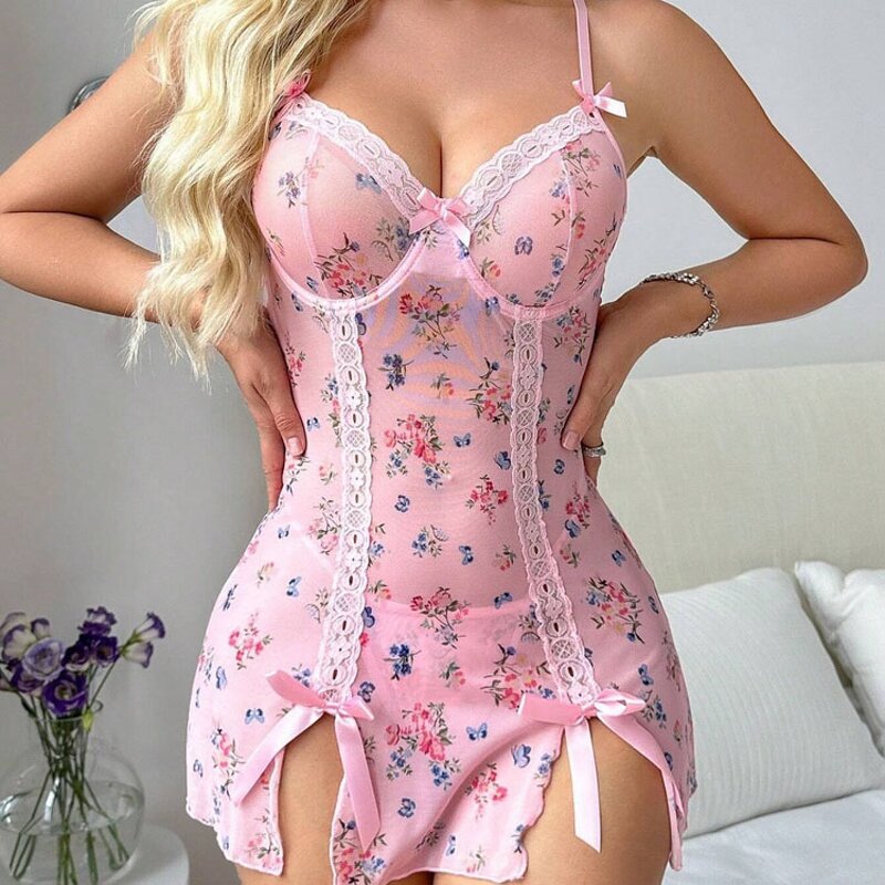 Babydoll Factory - Floral Sheer Mesh Sleepwear