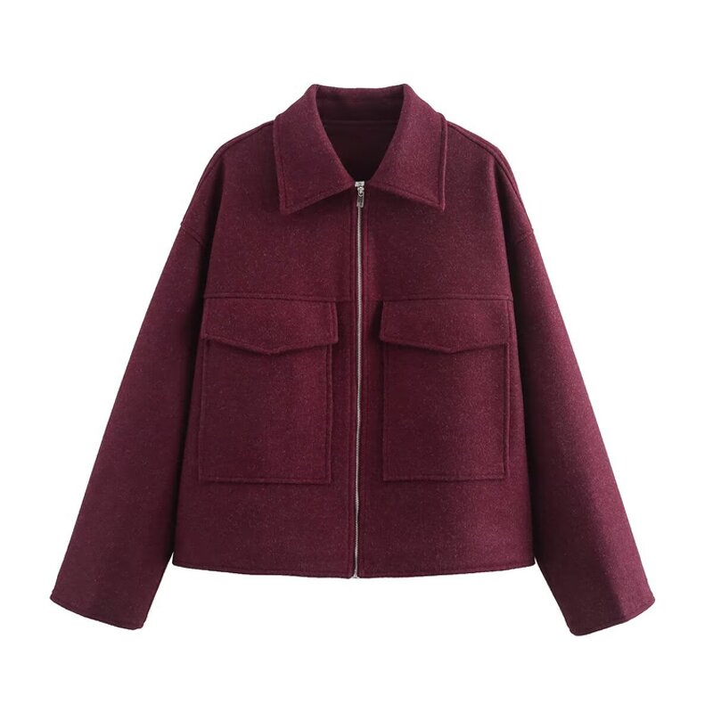 Women Coat Factory - Burgundy Oversized Pocket