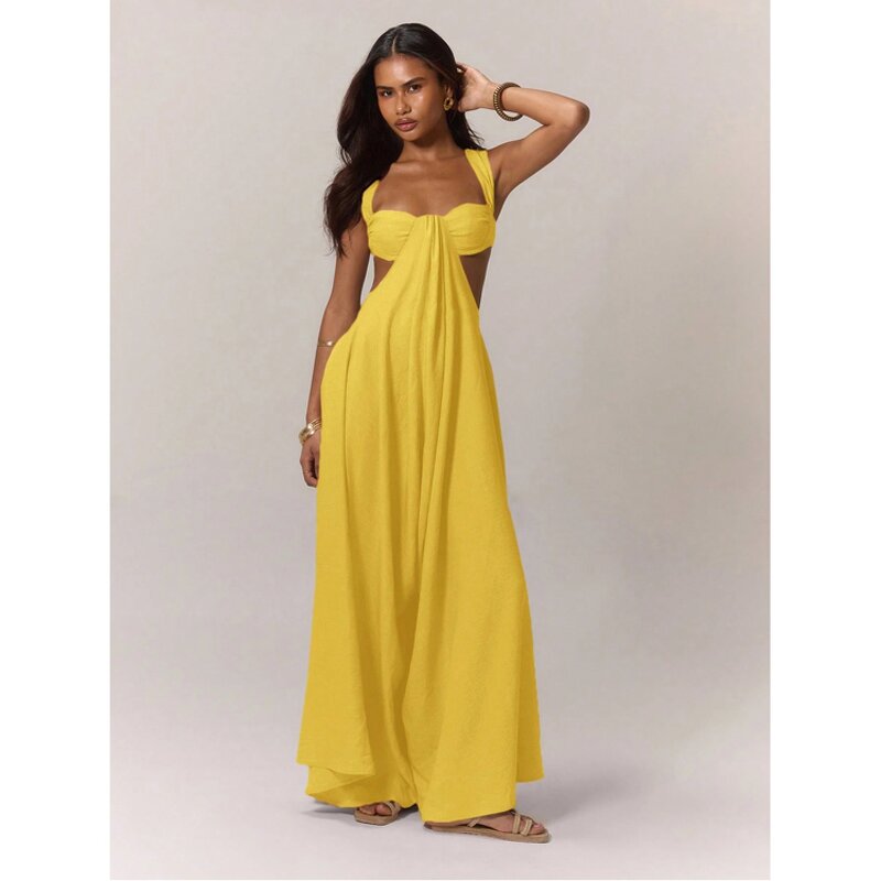 Jumpsuit Factory - Solid Color Suspender Wide Leg