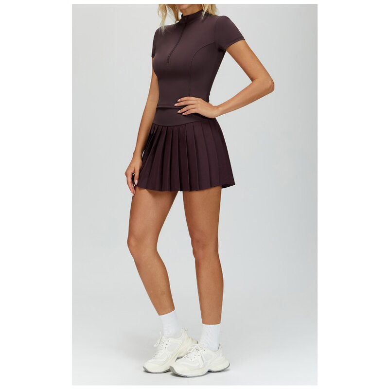 Yoga Set Factory - Half Zipper Short Sleeve Skirt