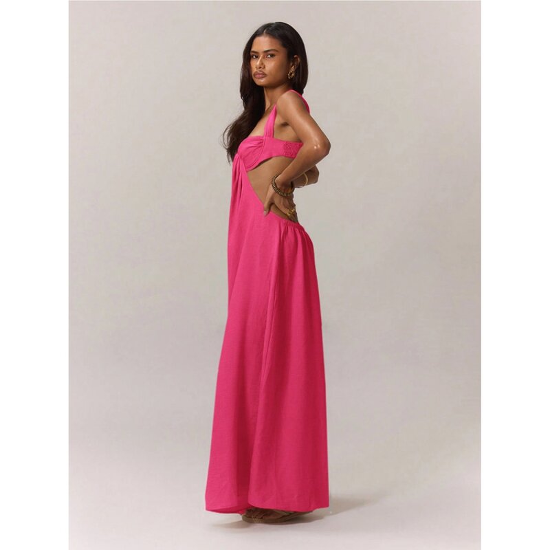 Jumpsuit Factory - Solid Color Suspender Wide Leg