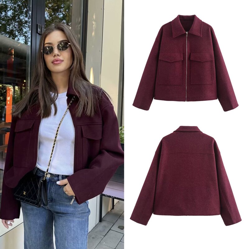 Women Coat Factory - Burgundy Oversized Pocket