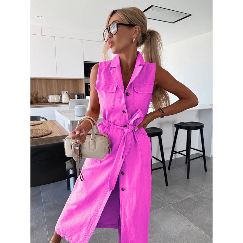 Maxi Dress Factory - Casual Sleeveless Denim Button