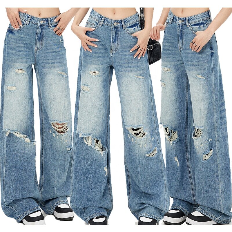 Ripped Women's Jeans Factory - Flared Loose Breathable Wide New Pants