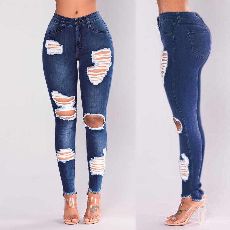 Distressed Women's Jeans Factory - New Broken-hole High Waisted Cut up Pants
