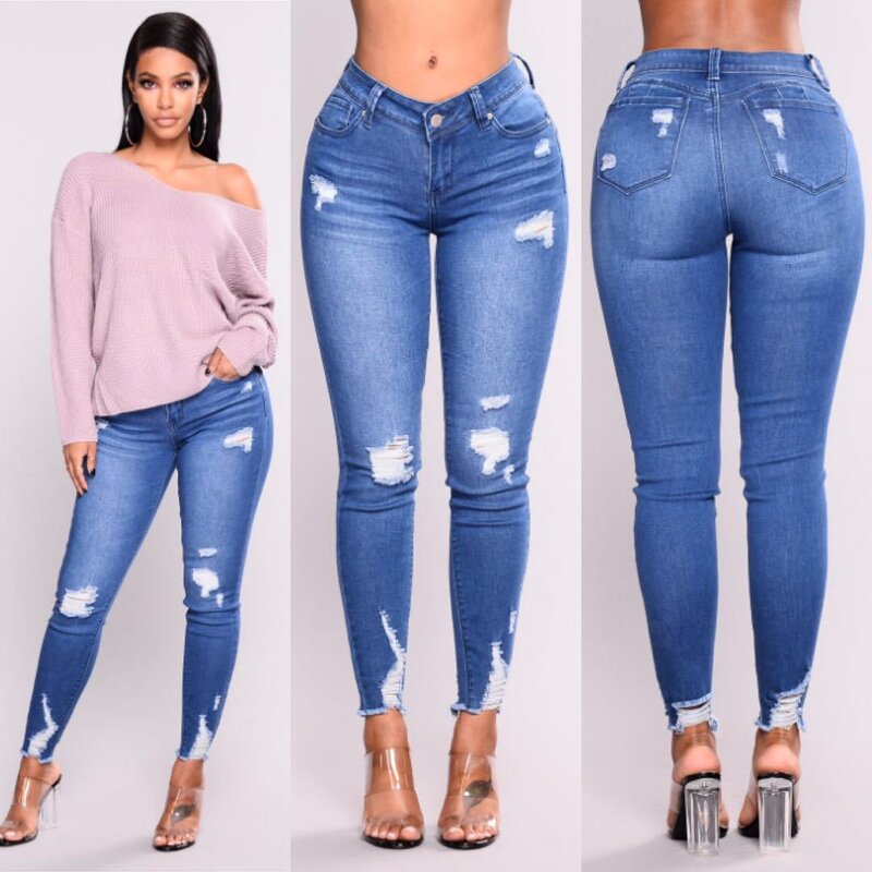 Distressed Women's Jeans Factory - New Broken-hole High Waisted Cut up Pants