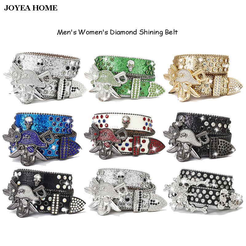 PU Belt Manufacturer - Diamond Shining Alloy Skull Buckle Cowboy Studded Strap