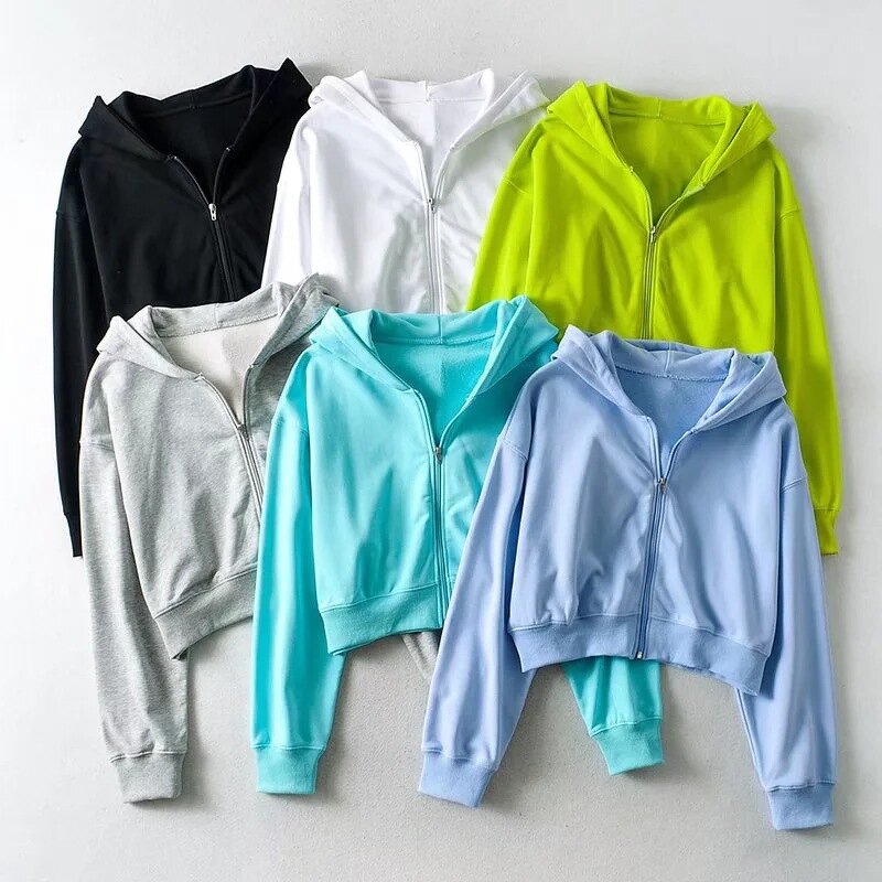 Women's Zipper Hooded Sweater Factory - Autumn Solid Color BM Short Slim Running