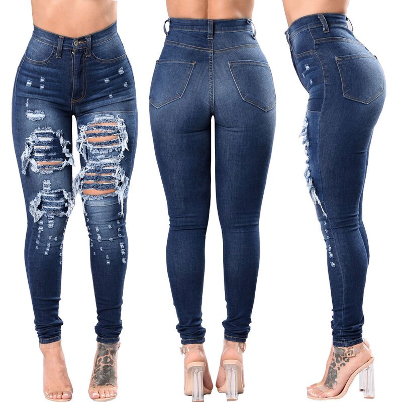Distressed Women's Jeans Factory - New Broken-hole High Waisted Cut up Pants