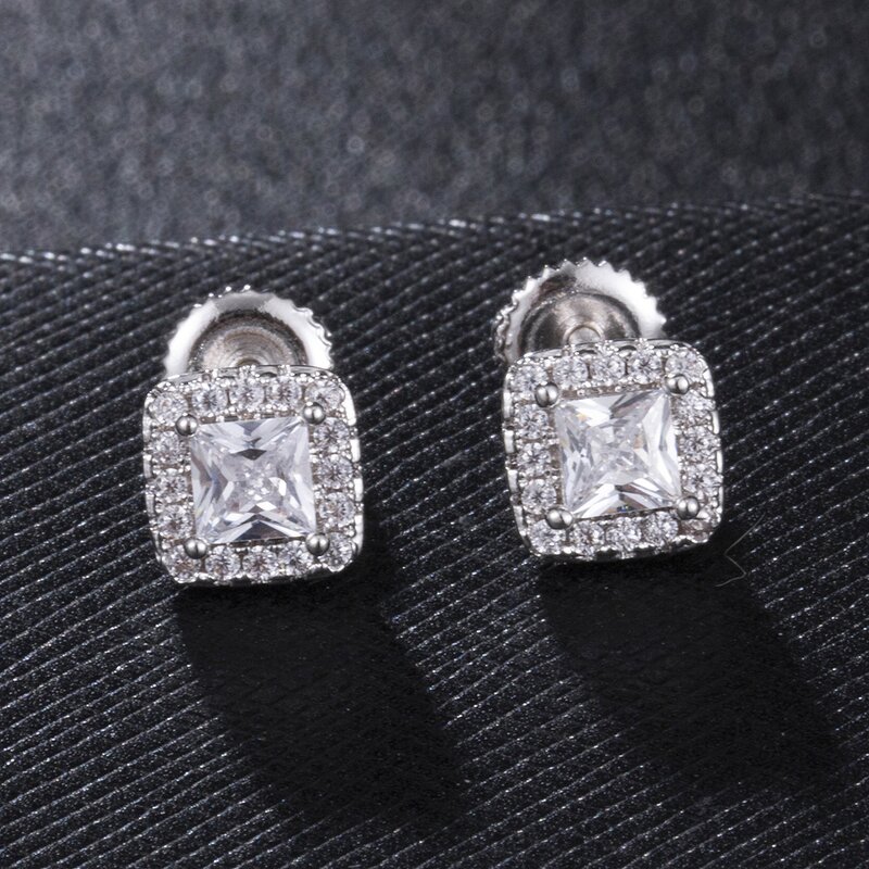 Cubic Zircon Brass Stud Earring Manufacturer - Square Bling Iced Out Full Paved