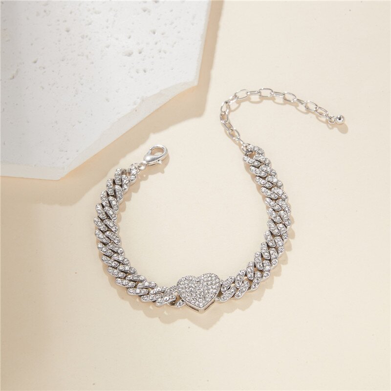 New Style Silver Diamond Anklets Factory - Heart Iced Out Cuban for Women