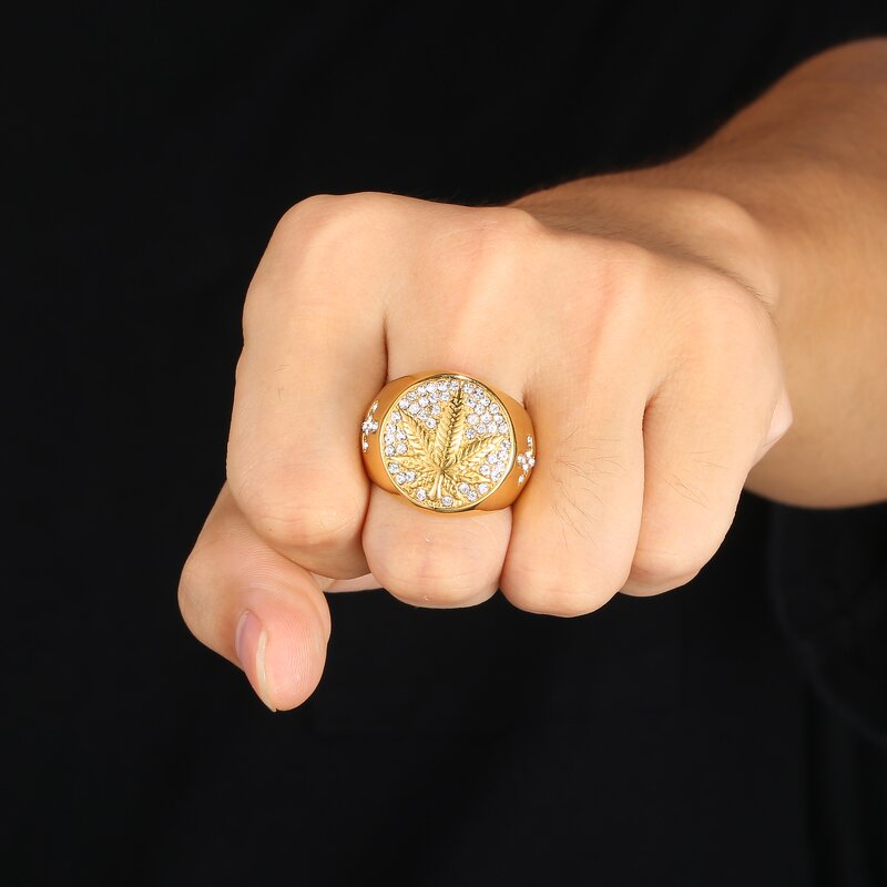 Waterproof Stainless Steel Ring Factory - 18k Gold Plated Iced Out Maple Leaf