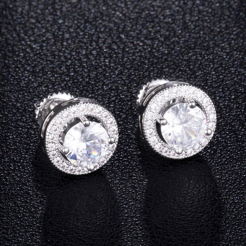 Cubic Zircon Brass Stud Earring Factory - Round Hip Hop Bling Iced Out Full Paved