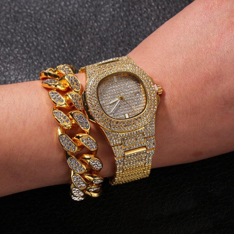 Hip Hop Crystal Jewelry Set Factory - Zinc Alloy Necklace with Bracelet Watch