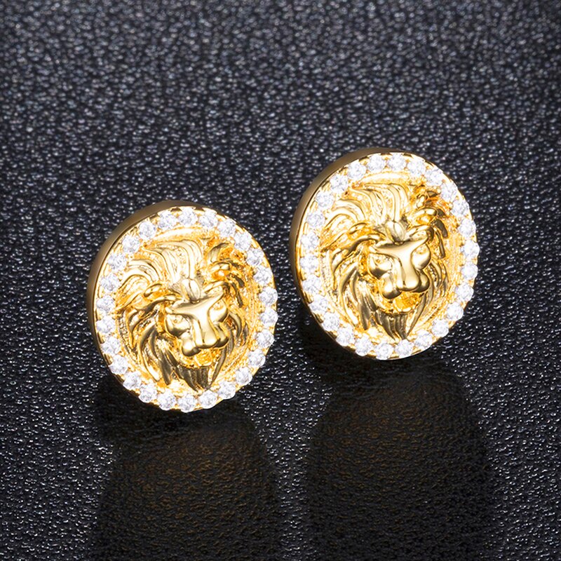Cubic Zircon Brass Stud Earring Manufacturer - Round Lion Head Iced Out Bling