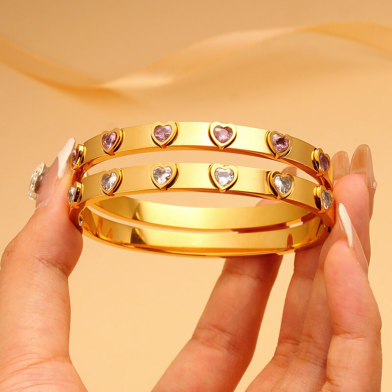 Luxury Stainless Steel Crystal Bracelet Manufacturer - 18K Gold Plated Heart Bangle