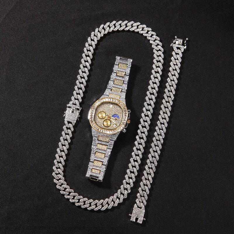 18K Gold Plated Cuban Chain Set Manufacturer - 12mm Ice CZ Crystal Necklace