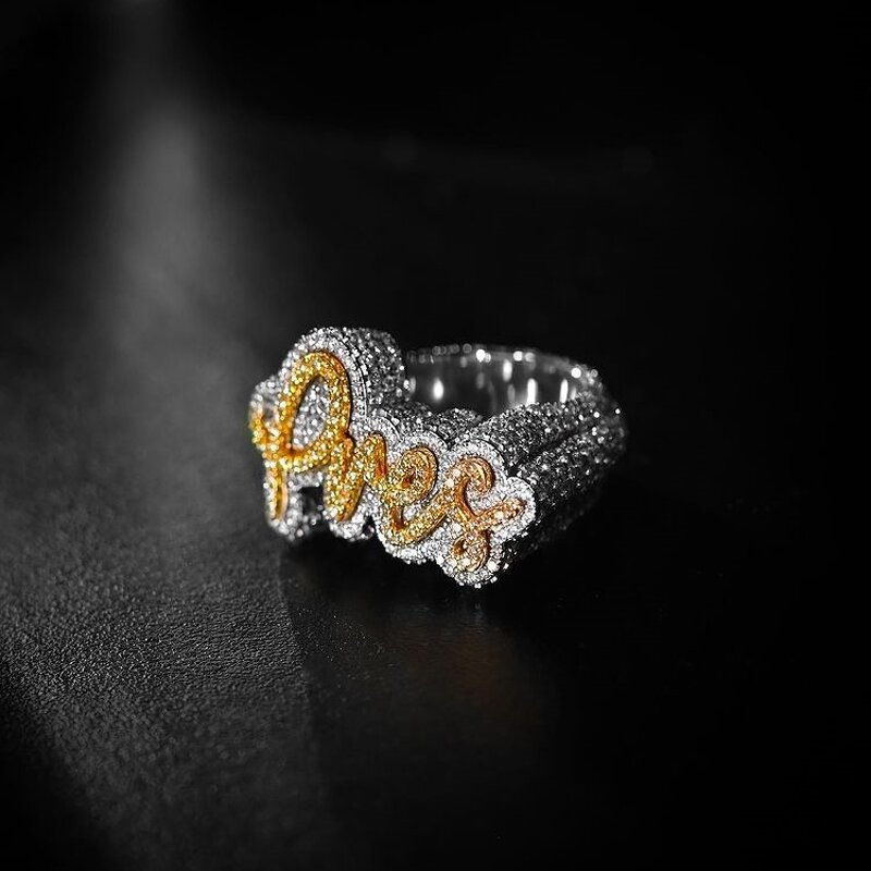 Custom Jewelry Signet Ring Factory - 18K Gold Nameplate Engraved CZ Bling