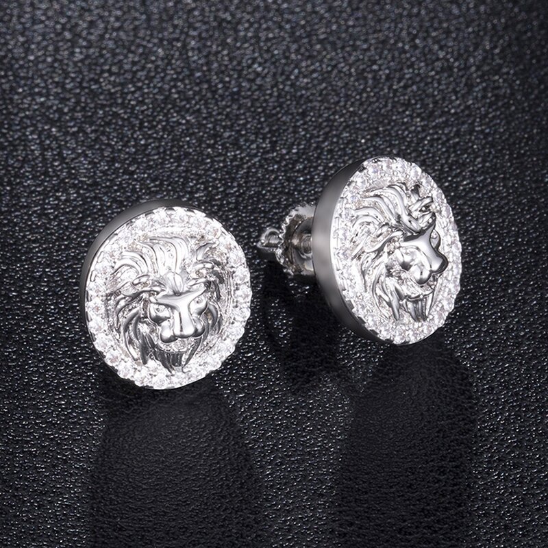 Cubic Zircon Brass Stud Earring Manufacturer - Round Lion Head Iced Out Bling