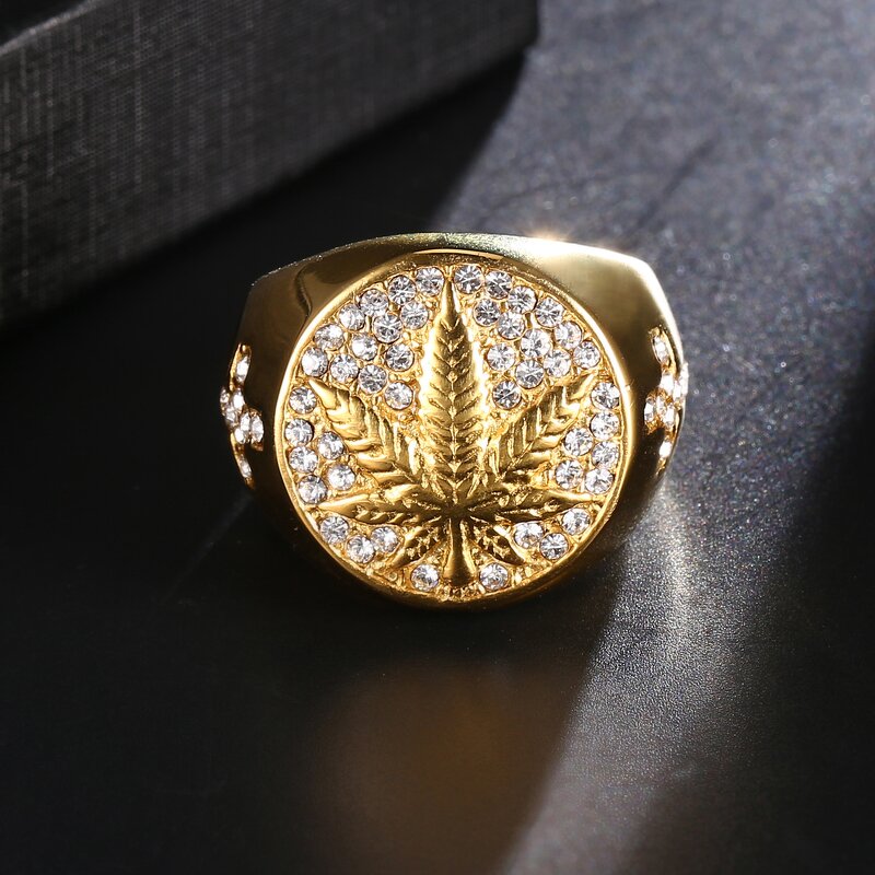Waterproof Stainless Steel Ring Factory - 18k Gold Plated Iced Out Maple Leaf