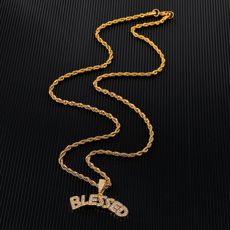 Brass BLESSED Letters Pendant Manufacturer - Iced Out Bubble Necklace for Men
