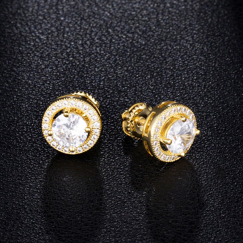 Cubic Zircon Brass Stud Earring Factory - Round Hip Hop Bling Iced Out Full Paved
