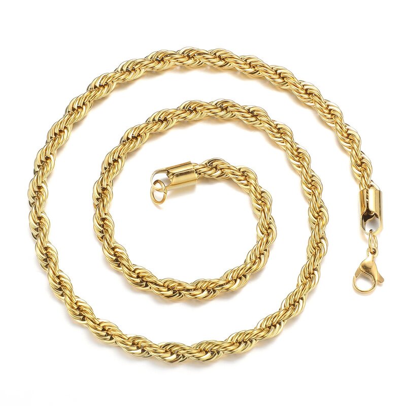 Gold Plated Rope Chain Necklace Manufacturer - 3-5mm Stainless Steel for Men Hip Hop