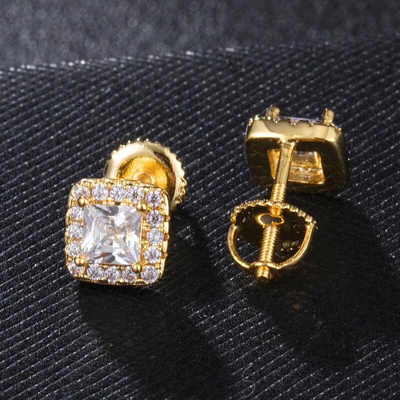 Cubic Zircon Brass Stud Earring Manufacturer - Square Bling Iced Out Full Paved
