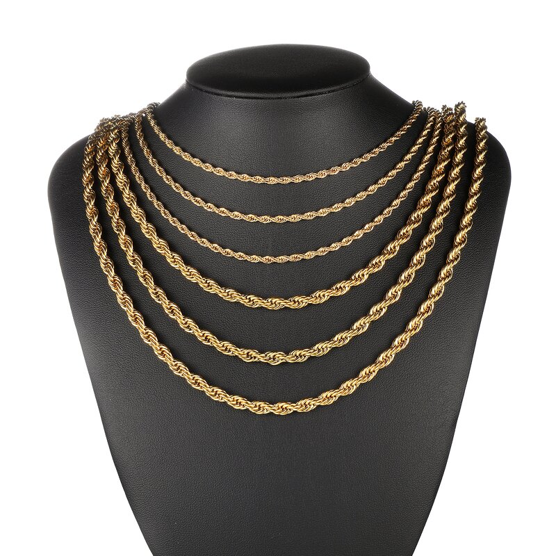 Gold Plated Rope Chain Necklace Manufacturer - 3-5mm Stainless Steel for Men Hip Hop