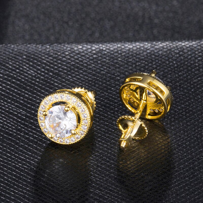 Cubic Zircon Brass Stud Earring Factory - Round Hip Hop Bling Iced Out Full Paved
