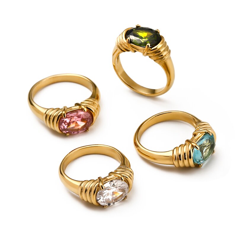 Fashion Jewelry Rings Manufacturer - 18k Gold Plated Statement Stacking Gemstone