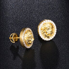 Cubic Zircon Brass Stud Earring Manufacturer - Round Lion Head Iced Out Bling
