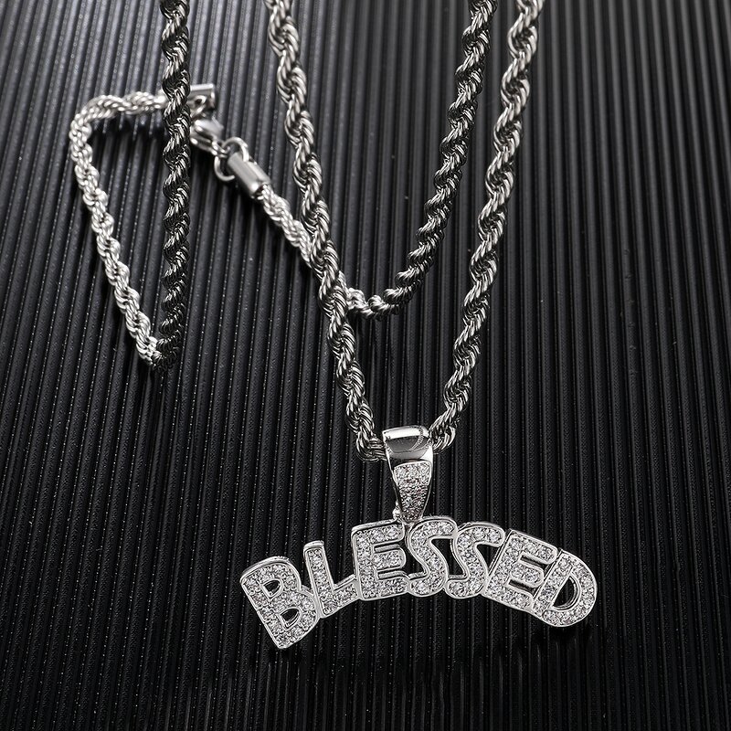 Brass BLESSED Letters Pendant Manufacturer - Iced Out Bubble Necklace for Men