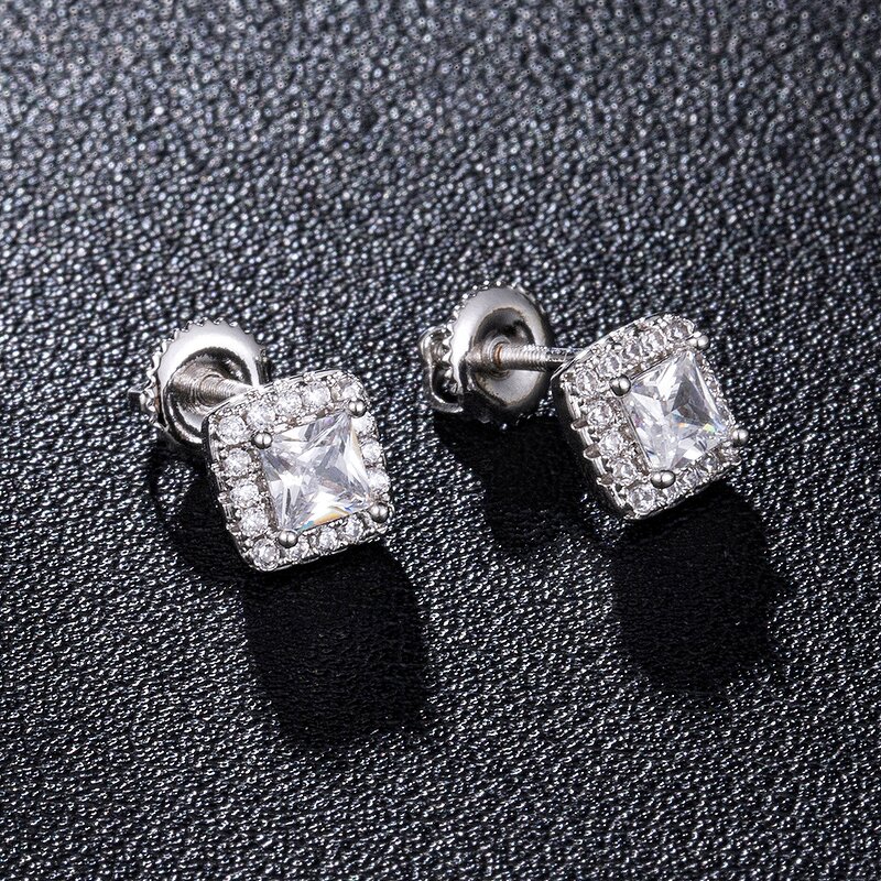 Cubic Zircon Brass Stud Earring Manufacturer - Square Bling Iced Out Full Paved